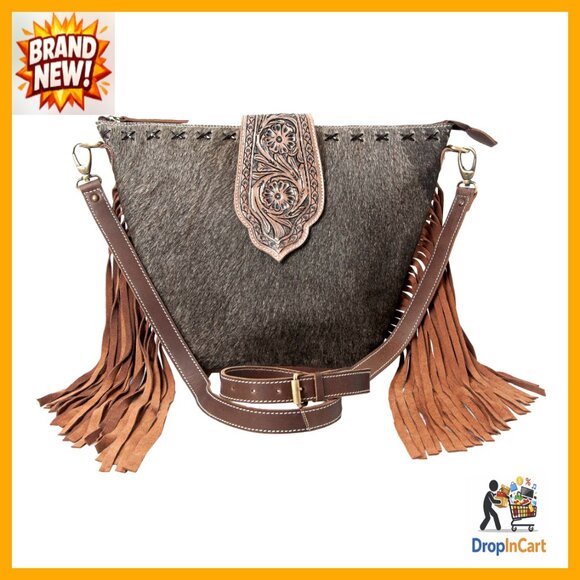 Hand Carved Leather Crossbody Purse with Zipper Closure and Adjustable Strap